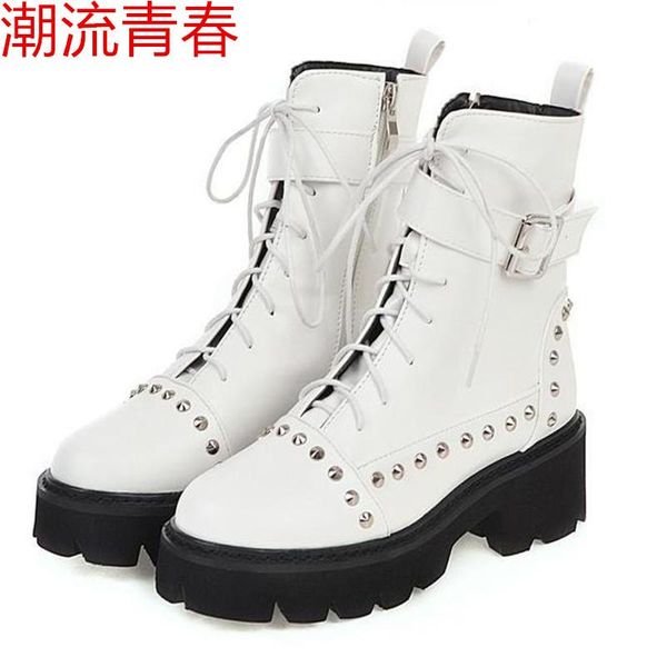 

boots women rivet military lace up black leather ankle mid heel goth style short for autumn high scooter