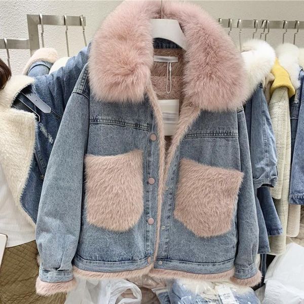 

women's jackets real fur collar denim jacket women winter coat female korean fashion plush warm thicken bomber woman pink grey m2611, Black;brown