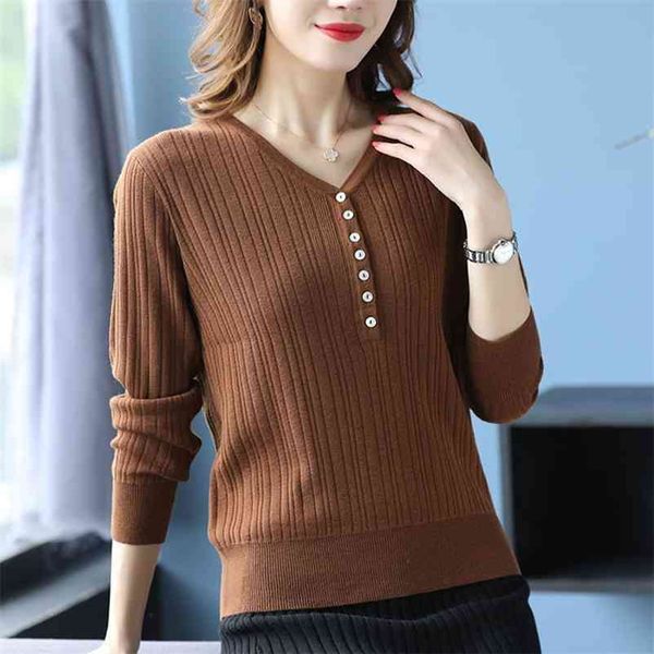 

button v-neck long sleeve knitwear women casual slim mom knitted pullover stretch spring solid stripe sweater female 210522, White;black