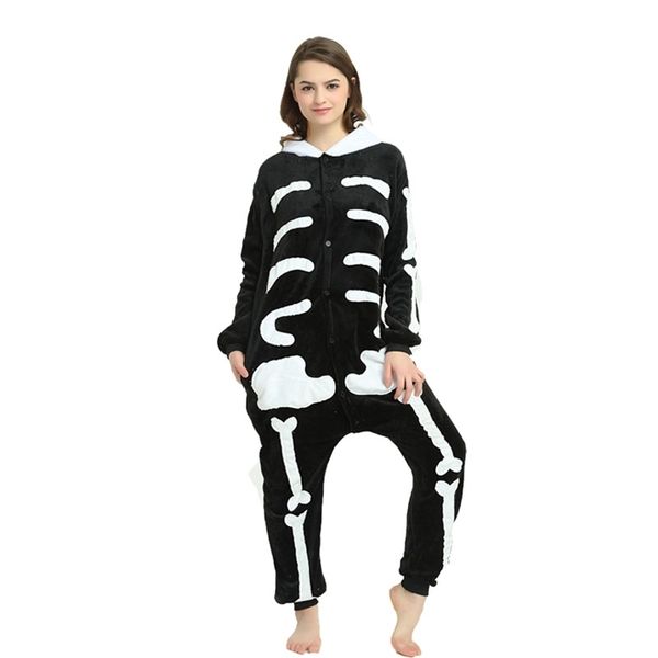 

skull kigurumi onesie women scary skeleton pajamas flannel warm loose soft sleepwear onepiece winter jumpsuit cosplay, Black;white