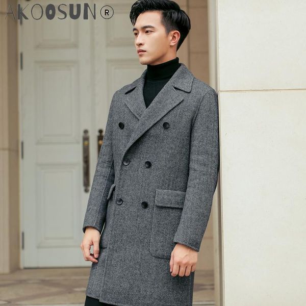 

men's wool & blends akoosun coat 2021 long woolen jacket men double breasted korean casual mens overcoats abrigos hombre y17895 kj4300, Black