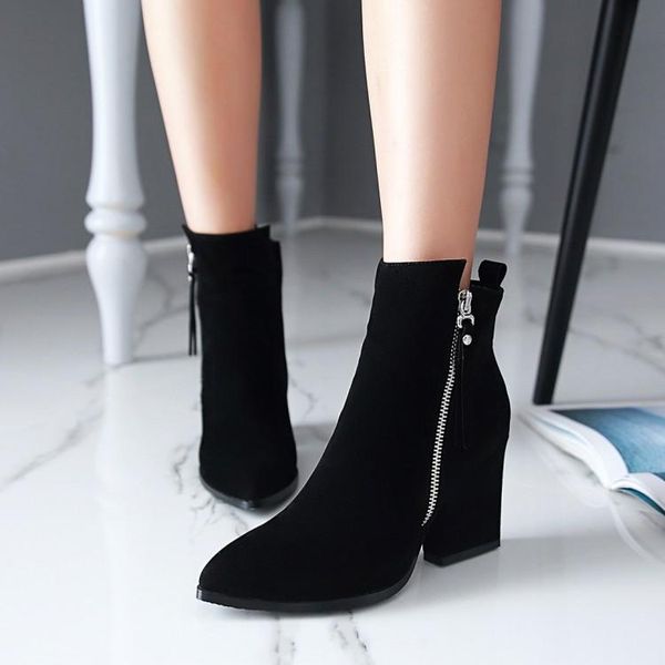 

boots oversized women shoes ankle for ladies metal trim with side zipper pointed toe, Black