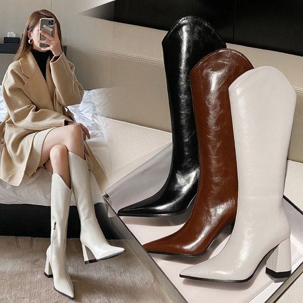 

boots pointed toe women's winter style high-heeled thick-heeled beige knight, Black
