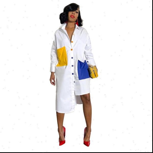 

autumn long sleeve white women dresses shirt turn down collar button up blouse oversized midi with pockets, Black;gray