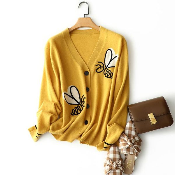 

women's knits & tees shuchan yellow bee embroidery 100% cashmere cardigan women high street animal single breasted v-neck fall sweaters, White