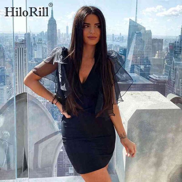 Seksi Kulübü Siyah Bodycon Mini Elbise Kadın Organze Petal Kısa Kollu Parti Streetwear Yaz Es Vestidos 210508