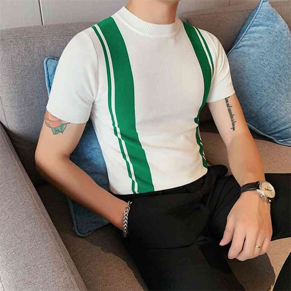 Estilo Britânico Verão Slim Fit malha camisetas Homens de manga curta moda o-pescoço contraste cor listrada camiseta homme 3xl 210707