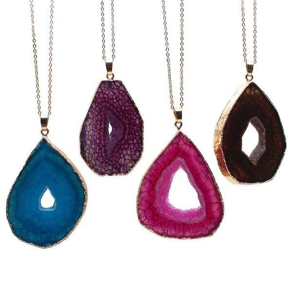

chains natural geode irregular slice blue stone druzy quartz pendant necklace healing crystal, Silver
