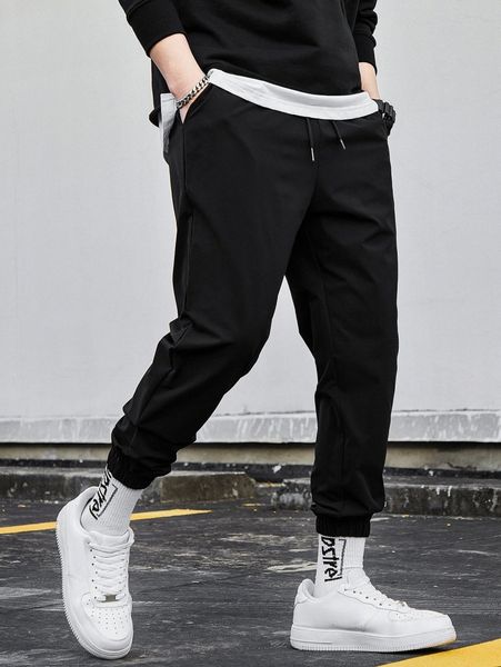 

men drawstring waist slant pocket pants j8si#, Black