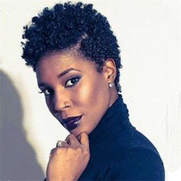 

short curly none lace front human hair wigs for black women pixie cut afro kinky wig, Black;brown
