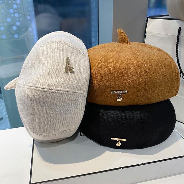 

berets winter woolen cloth solid color women hat outdoor warm casual simple female artist party japanese, Blue;gray