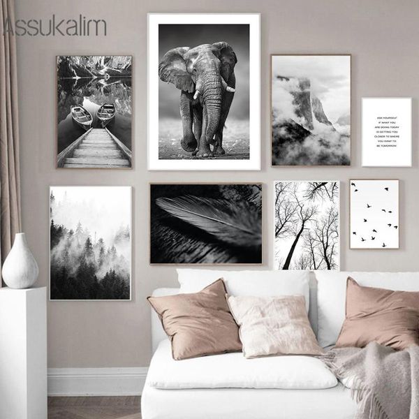 

paintings black and white canvas poster foggy forest painting elephant wall art print nordic posters prints living room decoration