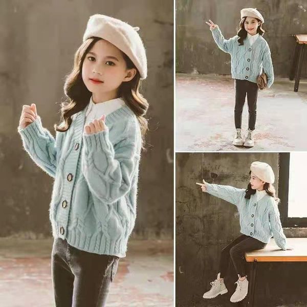 

pullover girls' knitted cardigan autumn and winter clothes 3-11 years old diamond twist braid children's sweater coat girl style, Blue