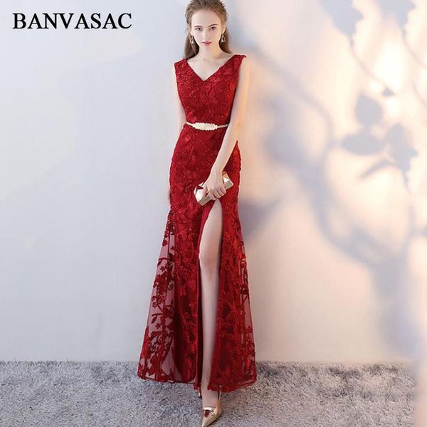 

party dresses banvasac 2021 elegant lace appliques v neck split mermaid long evening metal sash backless prom gowns, White;black