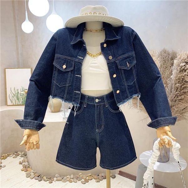 

women's tracksuits clothing autumnr 2021 denim shorts suit casual fashion two-piece trend, Gray