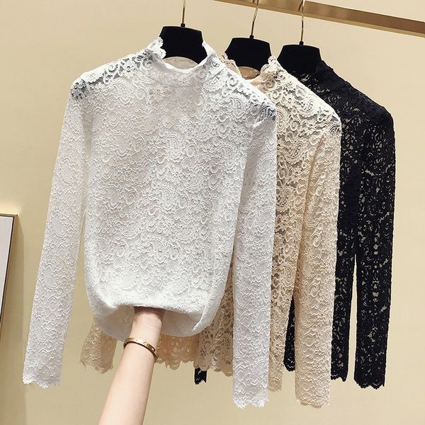 

long sleeve turtleneck hollow white lace blouse shirt women blusa blusas mujer de moda womens and blouses d881 210426