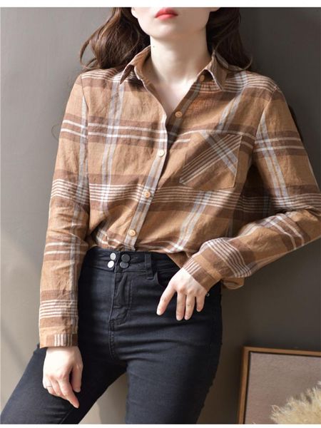 

women's blouses & shirts women spring autumn loose turn-down collar plaid cotton linen blouse office lady single breasted long sleeve c, White
