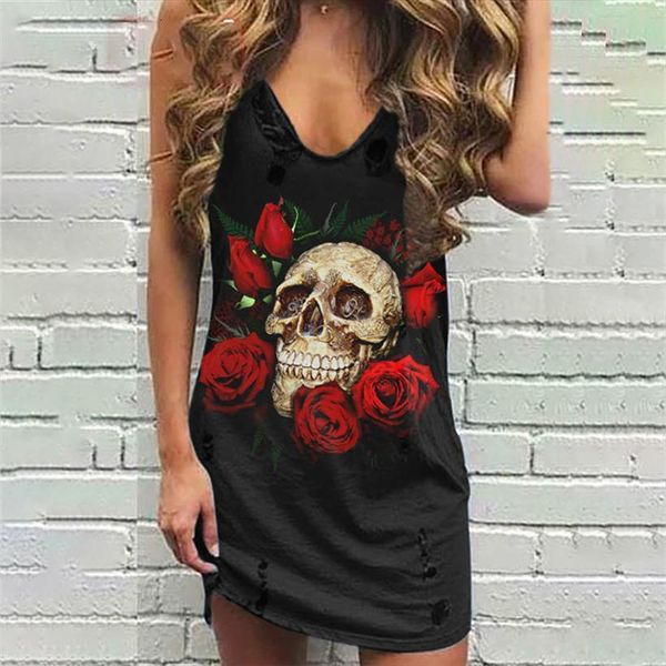 

summer skull print fashion womens dresses casual sleeveless mini hole v neck vest punk plus size loose y2k, Black;gray