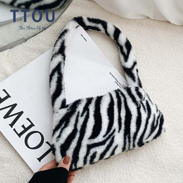 

evening bags 2021 trend fashion women cow print mini shoulder female winter plush underarm leopard zebra pattern fluffy tote