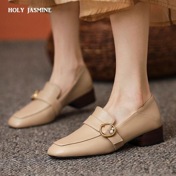 

loafers shoes women natural genuine leather heels women round toe dress shoes metal decoration female footwear 2021 spring new, Black