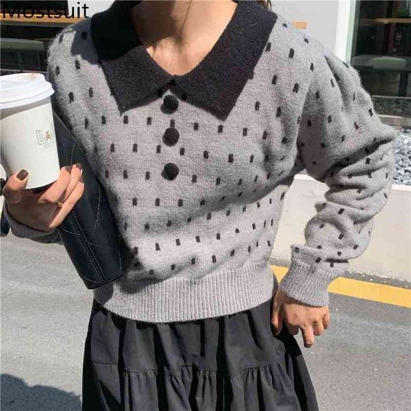 

korean vintage knitted sweaters pullovers women long sleeve turn-down collar fashion elegant ladies jumpers femme 210518, White;black