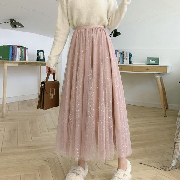 

skirts women korean version midi skirt 2021 spring summer fashion lady gauze with lining a-line chic high waist sequined pleated, Black