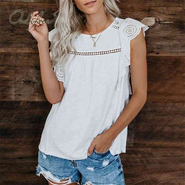 

summer women white t-shirt casual t shirt lace crochet tees tshirts 210513