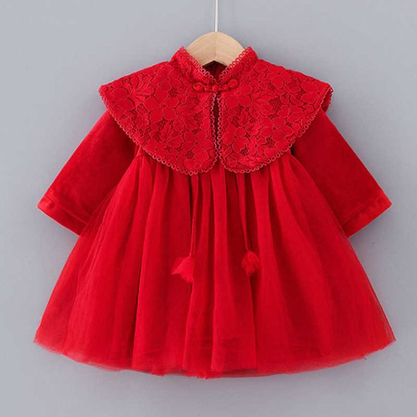 Baby Mädchen Tang Anzüge Chinesischen Stil Winter Spitze Schal A-Line Mädchen Kleid Warme Rote Jahr Party Fee Prinzessin 210529