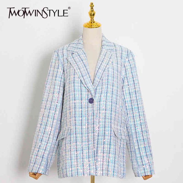 Patchwork Ekose Pullu Kadın Blazer Çentikli Uzun Kollu Rahat Ceket Kadın Güz Moda Giyim 210524