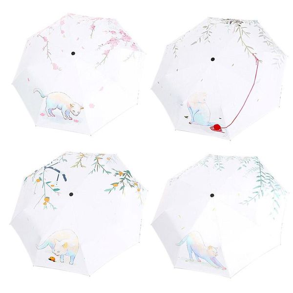 

umbrellas sun umbrella rain three folding lovely cat female parasol gifts four seasons illustration