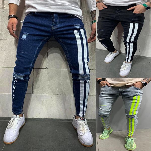 

the manufacturer directly2021 perforated elastic small leg printed jeans men's new, Blue