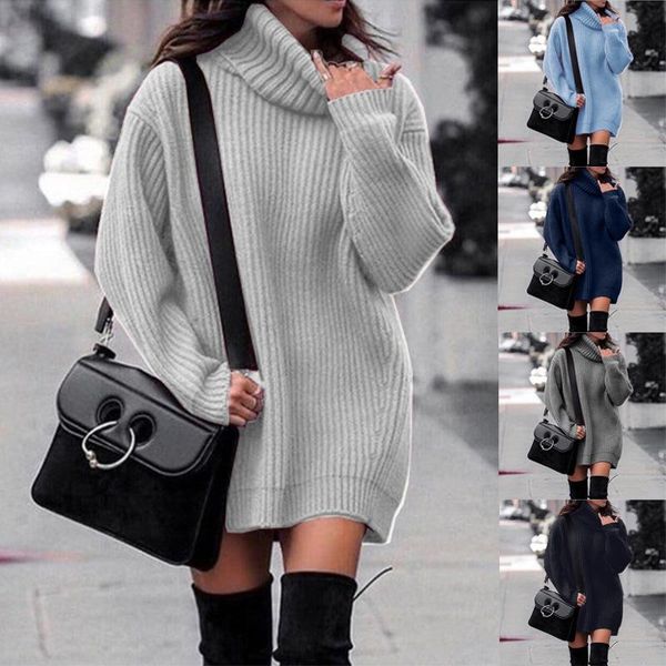 

women's sweaters 2021 winter women turtleneck sweater thick midi long knitted pullover sleeve dresses elegant solid warm dress, White;black