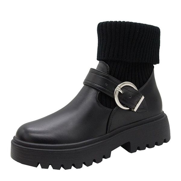 

boots women brand winter fashion black leather platform gothic ladies casual middle plus size35-40