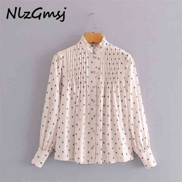 

women fashion semi-sheer printed pleated blouses vintage high collar long sleeve female shirts blusas chic 210628, White