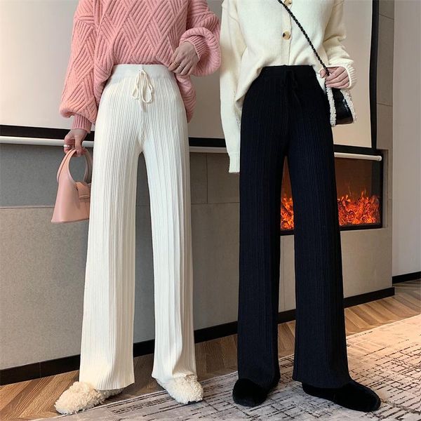 

women's pants & capris casual knitting woman loose straight drawstring waist black wide leg trousers women mopping pantalones de mujer, Black;white