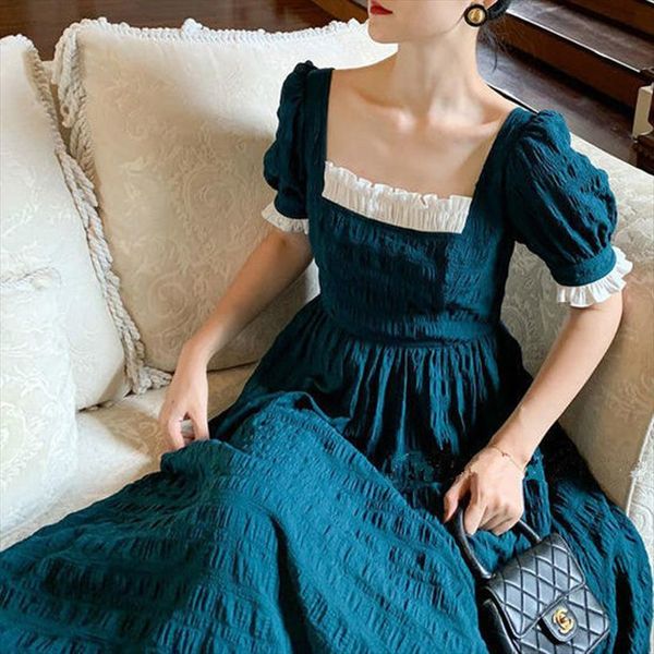 

french retro long fairy blue women dress square collar puff sleeve elegant summer ladies wedding party clothes, Black;gray