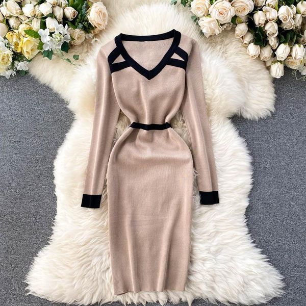 

slim v neck patchwork autumn bodycon knitted sweater short dress winter party sheath women casual stretch dresses, Black;gray