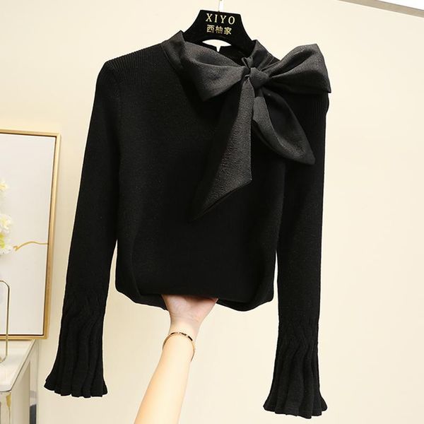 

women's sweaters big bow tie pullovers han edition cultivate morality show thin belt inside take render knit female small sweet wind, White;black