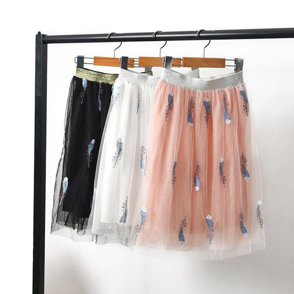

skirts baby girls tulle skirt feather pattern 2021 summer autumn pleated high waist white pink black maxi long tutu ankle-length, Blue