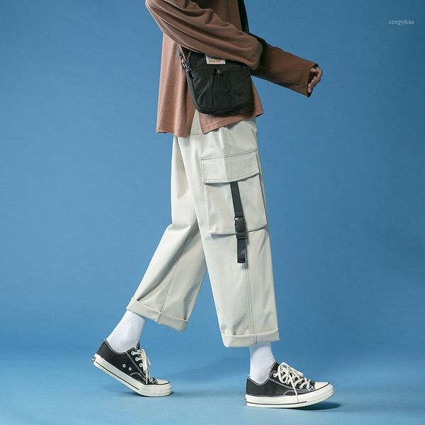 

men's pants cotton casual men fashion multi-pocket cargo streetwear loose hip-hop wide-leg mens straight trousers, Black