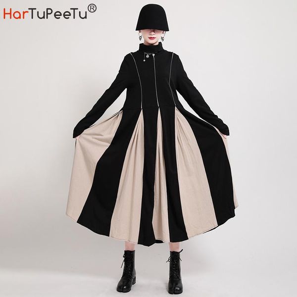 

spring women dress midi turtleneck patchwork black cotton blend plus size loose long sleeve basic elegant vestido mujer casual dresses, Black;gray