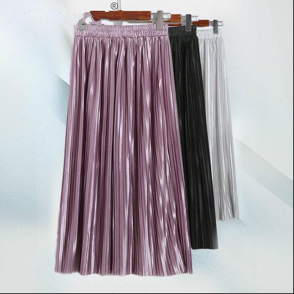

shiny metallic pleated spring women skirts autumn fashion multi solid color elastic high waist casual streetwear party, Black