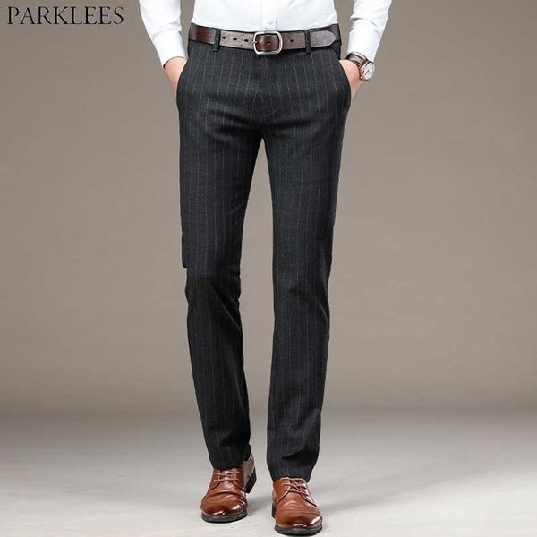 Erkek Pinstripe Düz Elbise Pantolon Marka İş Resmi Düz Ön Pantolon Erkek Slim Fit Streç Takım Pantolon Erkek 210522