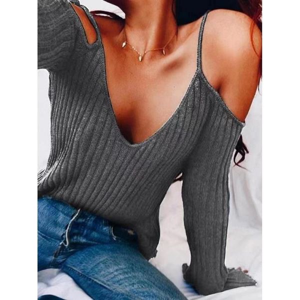 

women's sweaters autumn off shoulder sling women sweater v-neck knitted long sleeve pure color plus size low cut pullover, White;black