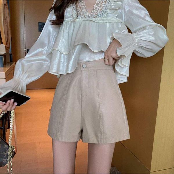 

women's shorts women chic fashion solid color faux leather vintage high waist button pockets female short pants mujer y113, White;black