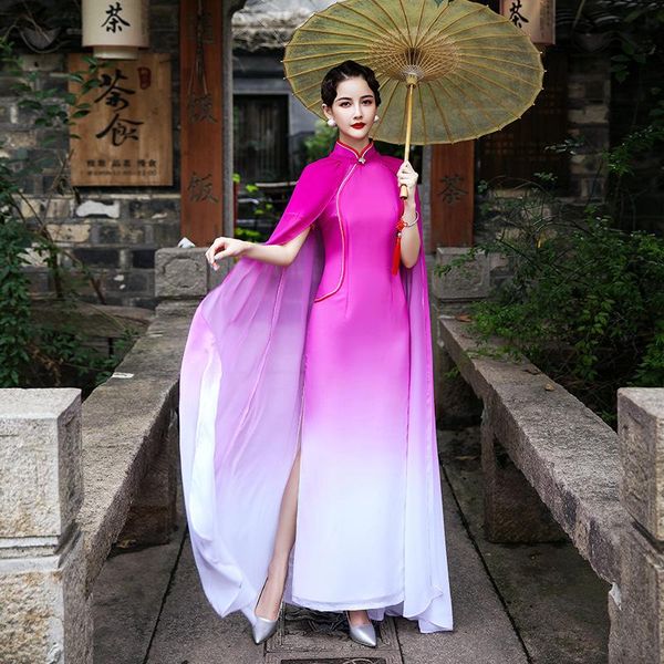 

satin chinese dresses sweet shawl long cheongsam skirt autumn winter stage show evening dress vestidos ethnic clothing, Red