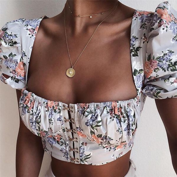 

women's blouses & shirts short sleeve women retro french romance style square neck buckle floral print wrapped bust blouse slim elegant, White