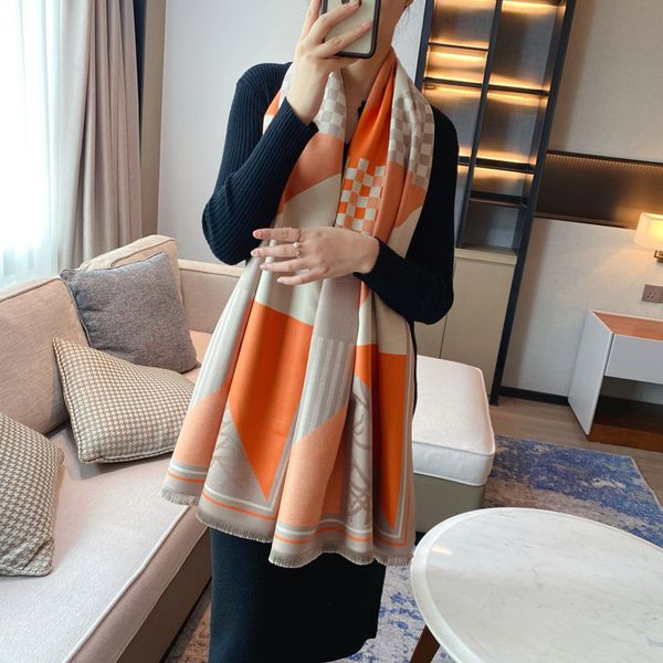 

tippet muffler scarf imitation cashmere scarf women's warm thickened fortune tree color matching lattice fashion long shawl bib, Blue;gray