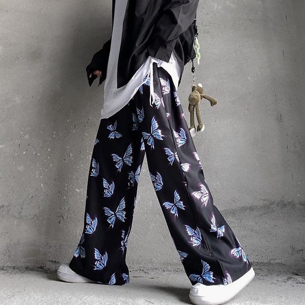 

men's pants 2021 hip hop streetwear harem women's wide leg male casual butterfly print sweatpants harajuku jogging trousers, Black