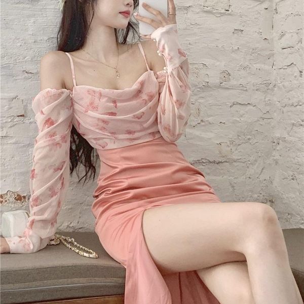 

casual dresses summer beach floral dress women 2021 pink boho elegant evening party midi korean split strap sundress vacation, Black;gray